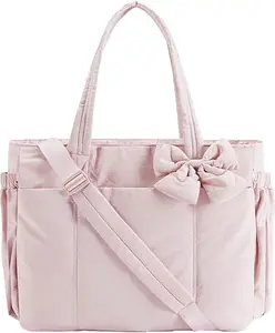 Lightweight Crush Bow Tote Bag for Women, Lightweight Puffy Bow Quilted Shoulder Bag for Work, Travel, Beach, Shopping