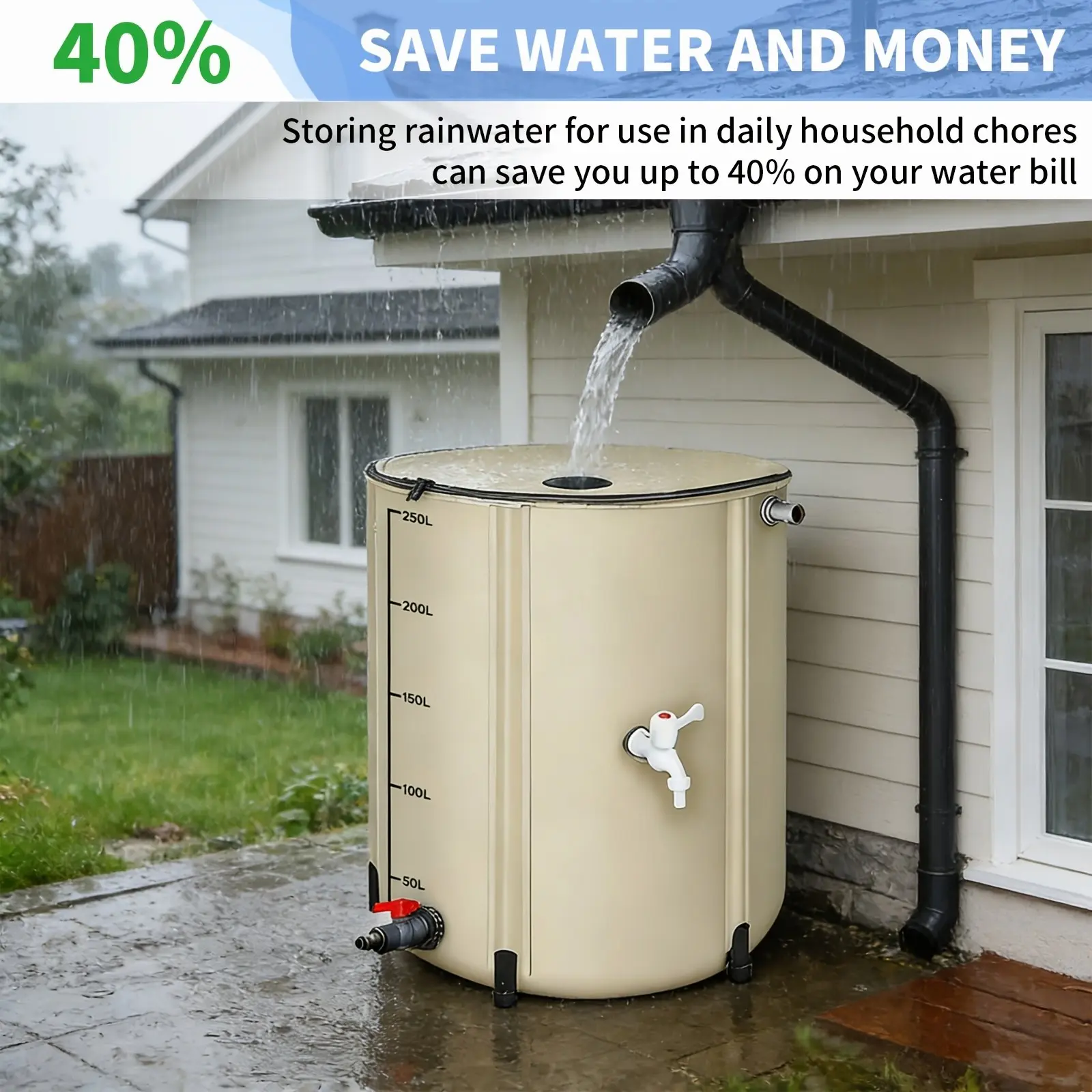 Outdoor Rainwater Barrel, A Portable Water Storage Solution For Spring And Summer Outdoor Use. Foldable And Portable, Suitable For Outdoor And Emergency Water Supply, Garden Watering, And Cleaning Courtyards. Available In Multiple Sizes.