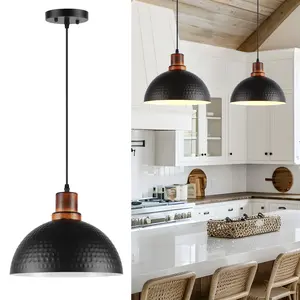 Black Pendant Lights Kitchen Island, 11.8" Hammered Metal Black Dome Pendant Lighting Black and Wood Pendant Light Fixture Hanging Ceiling Light for Dining Living Room Restaurant Sink pendant lights