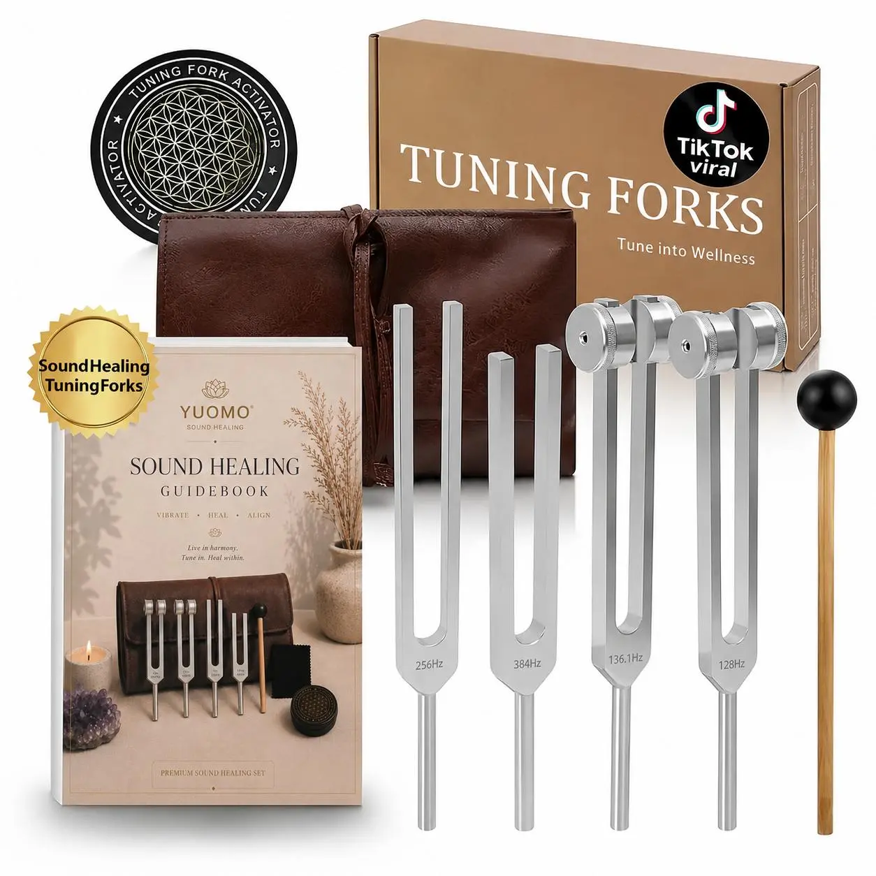 Sound Healing Tuning Fork Set Pack with Activator - 128Hz, 136.1Hz, 256Hz, 384Hz Resonant Tools, Guidebook, 5-Day Masterclass for Stress Relief, Meditation Aid, Chakra Balancing