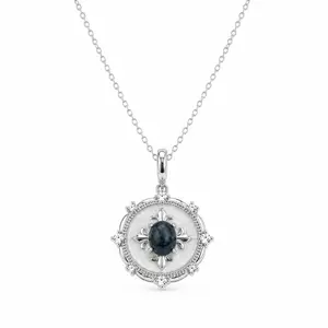 Labradorite Round Pendant Necklace, Titanium Steel Alloy Gray Stone Jewelry for Women