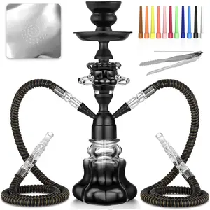 14'' Shisha Hookah Complete Set With Everything - Glass Flower Vase, Ledther Hose, Foils, HookahTips, Ceramic Bowl, Coal Tong (Black)