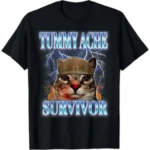 Tummy Ache Survivor Cat T-Shirt - Funny Silly Cat Meme Graphic Tee - Irony Aesthetic Soldier Cat Top - Unhinged Gen Z Humor Apparel - 100% Cotton Casual Short Sleeve Clothing estado merch Unisex Vintage target bacon good Grunge Album men