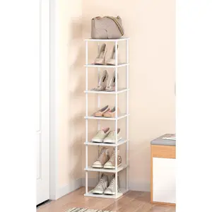 Vertical Tall Shoe Rack Organizer for Entryway -7 Tier Free Standing Slim Bamboo Wood Corner Stackable Shoe Boots Stand Small Spaces for Closet Cloakroom Living Room (White)