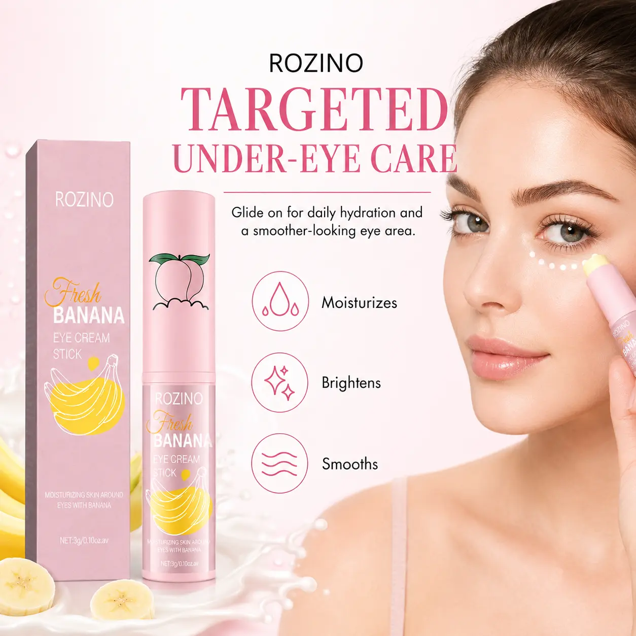 ROZINO Banana Eye Cream Stick, Moisturizing Under Eye Balm Stick for Hydration & Radiant Looking Eyes, Portable Skincare Essential with Banana Extract, Daily Eye Care, 3g Lightweight Moisture
