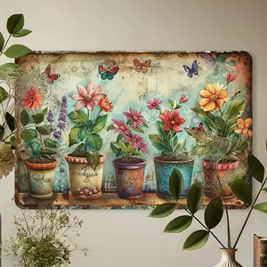 Vintage Bohemian Metal Tin Sign Wall Art - Rustic Potted Plants & Colorful Flowers Design, Durable Iron Waterproof 12x8 Inch, Easy Install Pre-Drilled Holes for Home Office Cafe Bar Decor Light Ornaments