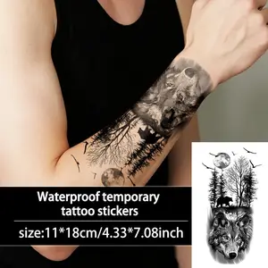 Wolf Howl Moon Forest Temporary Tattoo Sticker, Long-Lasting Waterproof, Realistic Fake Tattoo for Men and Women, Arm Leg Back