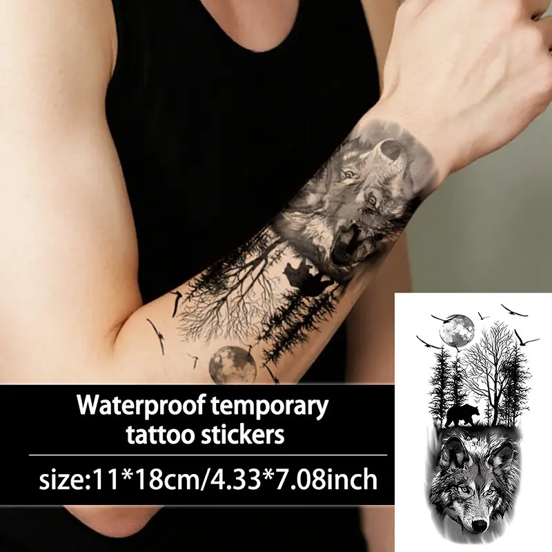 Wolf Howl Moon Forest Temporary Tattoo Sticker, Long-Lasting Waterproof, Realistic Fake Tattoo for Men and Women, Arm Leg Back