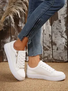 Women's Low Top Fashion Sneakers (/), Stylish Textured Design, Side Zipper, Casual Daily Wear, Urban, Walking Shoes