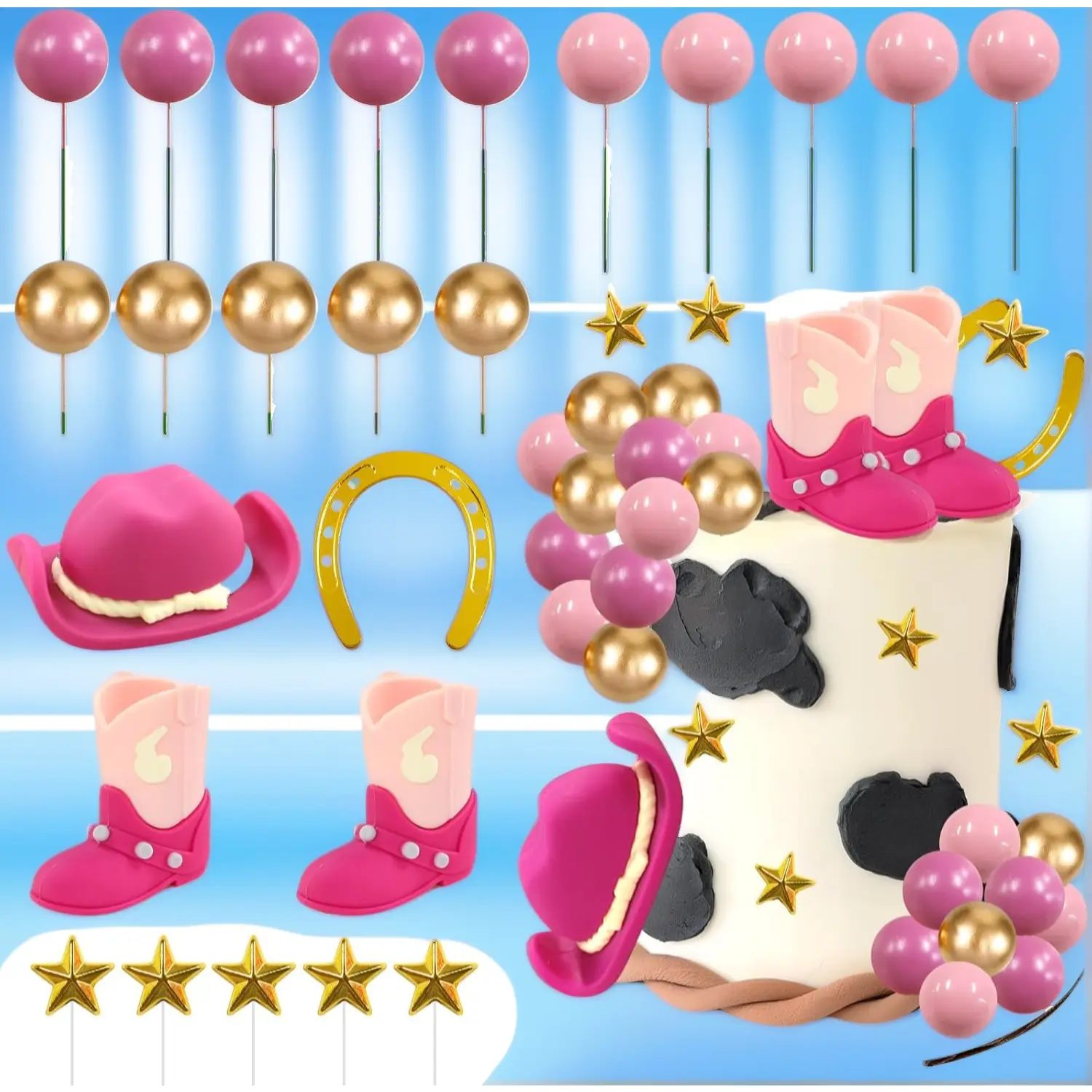 24Pcs Cowgirl Cake Toppers – Cowboy Western Cake Decorations with Cowgirl Hat, Boots & Pink Cow Balls – Western Theme Birthday Party Supplies & Favors for Girls