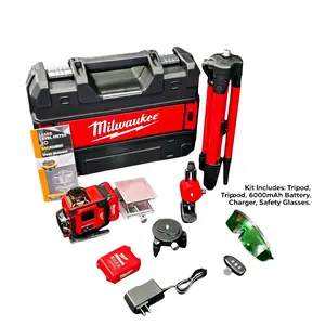 Milwaukee 360° Green Laser Level Kit, 12/16 Lines Self-Leveling, IP54, For Construction, Renovation, Includes Tripod, 6000mAh Battery, Charger, Target Plate, Bracket, Safety Glasses