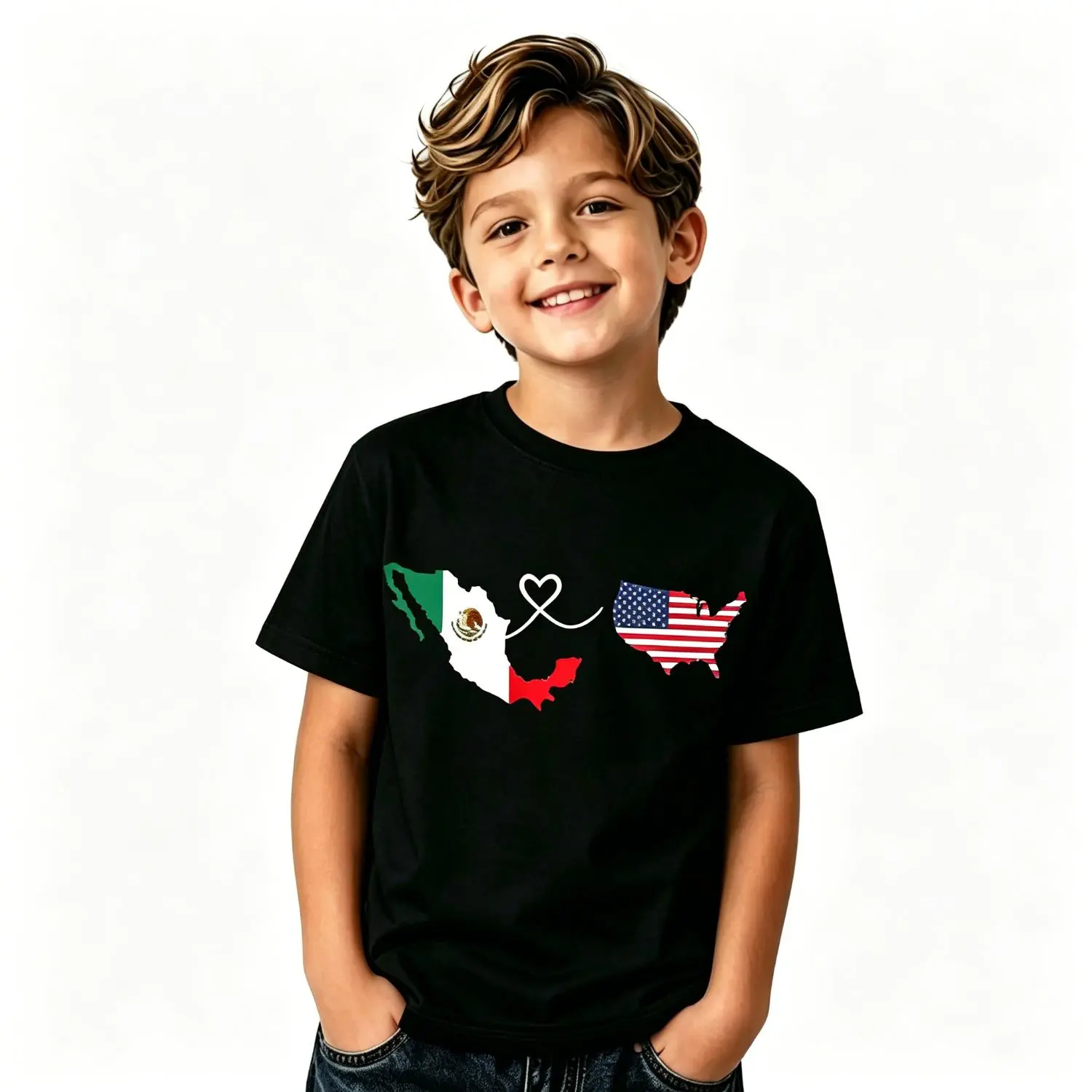 Girls' 3Y–13Y Soft Cotton Short Sleeve Tops - Hypoallergenic Crew Neck Athletic Tee, Mexican American Map Heart Flag Pride, Basic Regular Fit, No Excessive Ornamentation, Heart Detail, Machine Washable