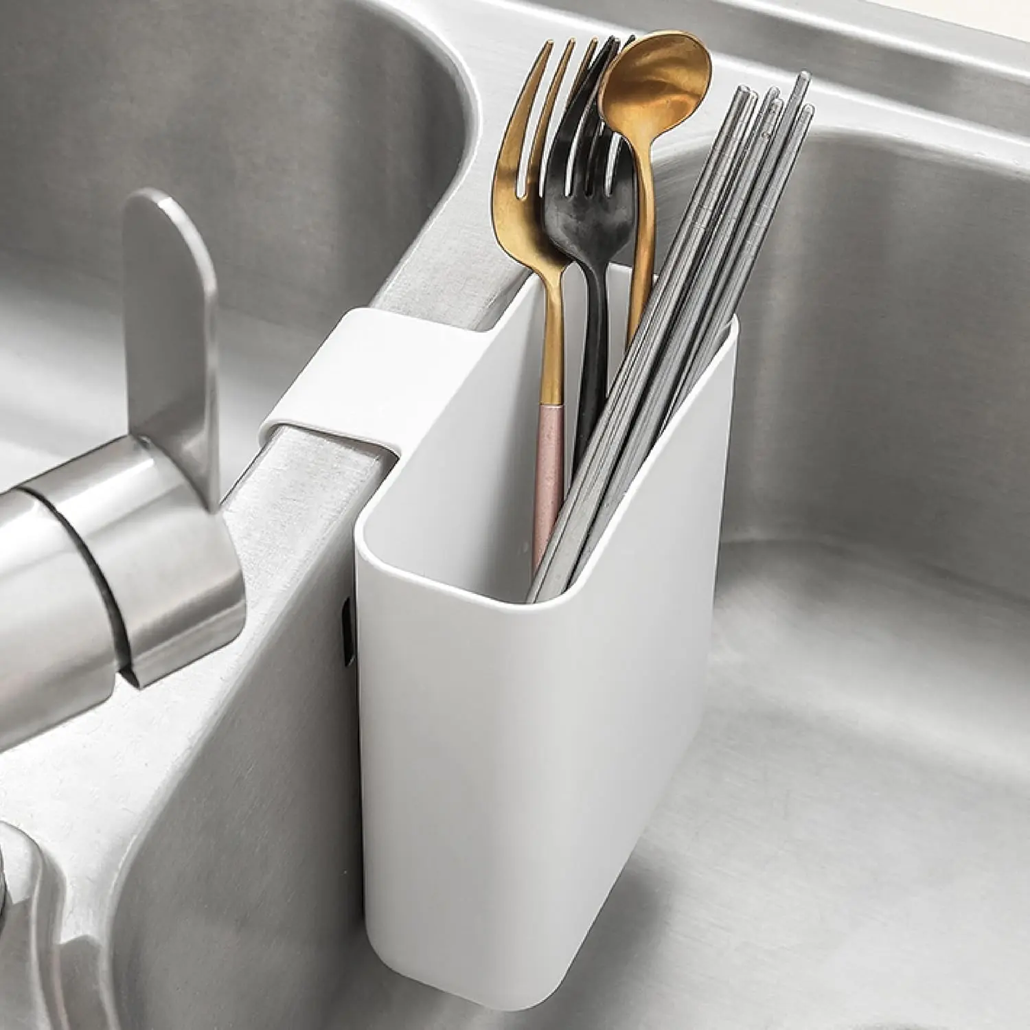 Drainer Drain Basket Utensil Holder and Hangable Sink Storage Container (White)