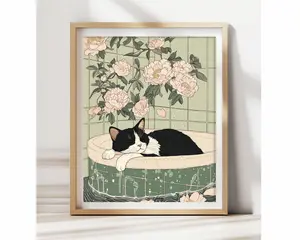[ SALE UP TO 48% ] Japanese Cat in Bathtub Zen Wall Art Poster Funny Cat Bathroom Art Japanese Quirky Cat Poster Minimalist Bathroom Print Funny Bathroom Art
