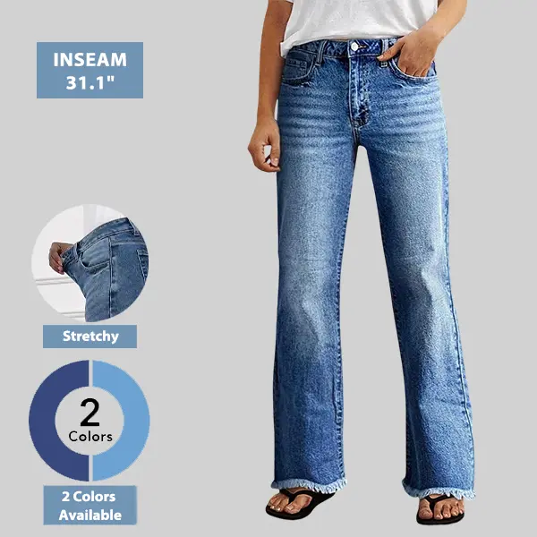 Flamingals Raw Hem Mid Waist Straight Leg Jeans Womenswear Casual Denim