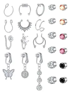 Fashionable Fake Nose Ring & Belly Ring, Butterfly & Flower Design Rhinestone Decorated Nose Ring & Belly Ring, Body Piercing Jewelry for Women & Girls, Navel Piercing Jewelry