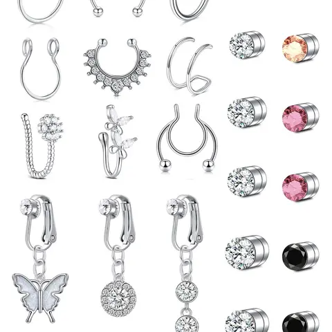 Fashionable Fake Nose Ring & Belly Ring, Butterfly & Flower Design Rhinestone Decorated Nose Ring & Belly Ring, Body Piercing Jewelry for Women & Girls, Navel Piercing Jewelry, Body Jewellery