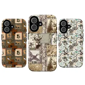 Hunting Wildlife Phone Case, Ducks Deer Owls Antlers Lantern Binoculars Patchwork Camouflage Brown Green Blue Beige Outdoor Rustic Retro Nature Collage Aesthetic Gift Fashion Vibes, iPhone 17 16 15 14 13 12 Samsung s25 s24