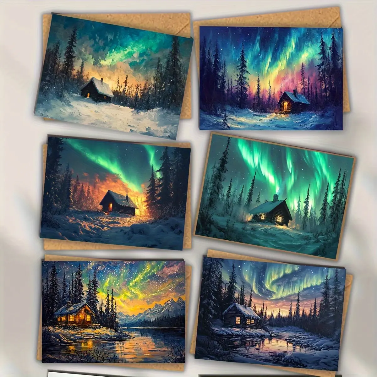 Set of 6 Christmas Forest Cabin Northern Lights Mixed Card Set Blessing Cards and Envelopes, Christmas Card Set Blessing Writing Cards