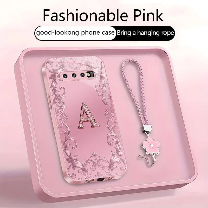 Suitable for [Galaxy S10] high-end women's phone case🥰，free four-leaf clover lanyard included—choose any one of the 26 letters. Drop-resistant and fingerprint-proof. YM99