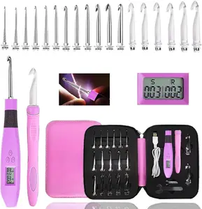 18 Size Counting Light Up Crochet Hook,Digital Crochet Hooks with Stitch Counter,Lighted Metal Crochet  with Case