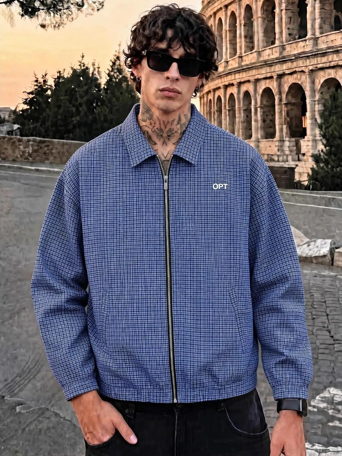 Men Vintage Plaid Harrington Jacket Zip Up Collared Bomber Coat Retro OPT Print Checkered Oversized Outerwear Y2K Streetwear Casual Lightweight Lined Windbreaker For Fall Winter