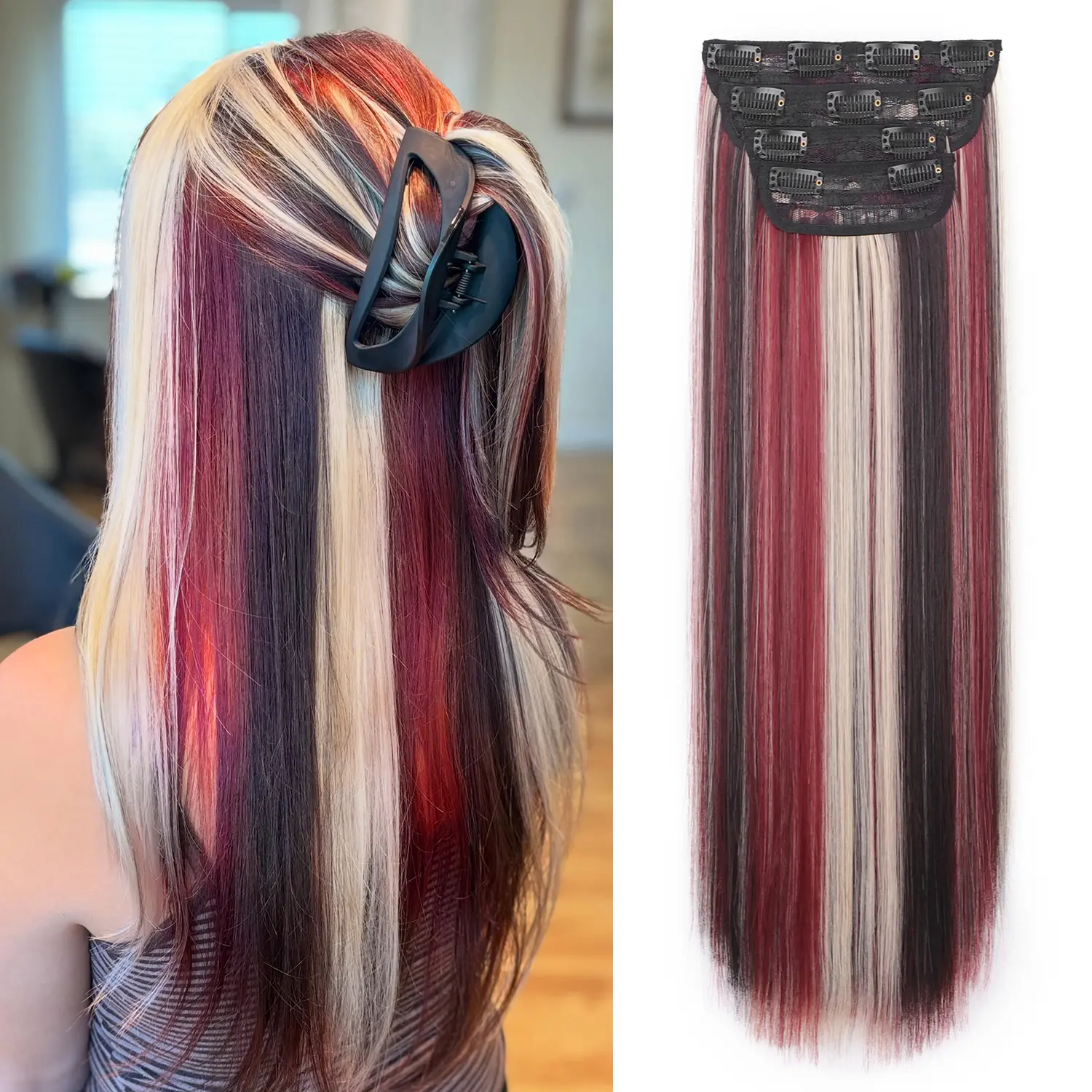 Sohochic Women's 20in Clip-in Synthetic Artificial Hair Extensions, 4PCS Thick Double Weft Hairpieces with Styling Clips, S-Blonde Brown Mix Wine Red S-Dark Brown Long Volume Wavy/Straight Daily Use Fashion Accessory
