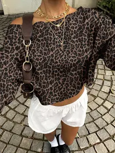 Women's Leopard Print Off-Shoulder Pullover Sweatshirt, Casual Campus Style, Youthful Fashion, Holiday Wear, Versatile and Trendy