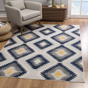 212 MAIN Kilim-Design Rectangle Rug, 2 x 5 ft, Blue & Gray, High Traffic, Low Pile, Modern, Stain Proof