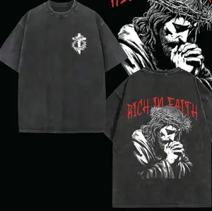 Rich In Faith - Jesus Pray T-Shirt Washed T-shirt Washed, Bible Verse Hoodie, Sweatshirts, Jesus Hoodie, Church Outfit Unisex Oversized Graphic Tee For Men and Women Aesthetic Clothes