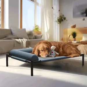Cooling Elevated Large Dog Bed with Pillows - Portable Washable Raised Cot, Chew-Proof Mesh & Sturdy Metal Frame, No-Slip Feet, Blue Polyester