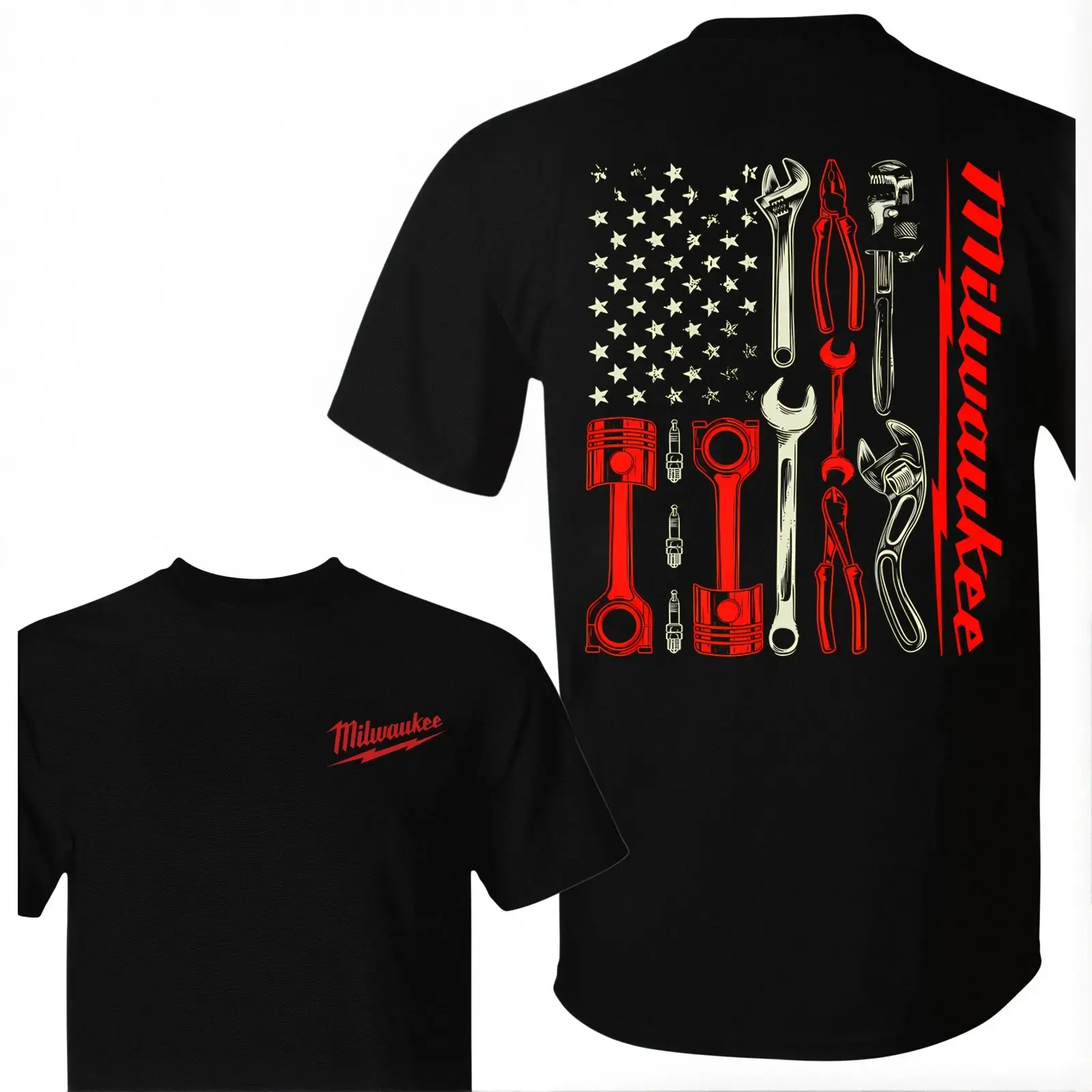 Men's Vintage Milwaukee Tools Mechanic T-Shirt - USA Flag Graphic Black Cotton, Mens Clothing, Everyday Tops, Gifts for Boyfriend, Vintage Graphic Tees, Men's Graphic Tees
