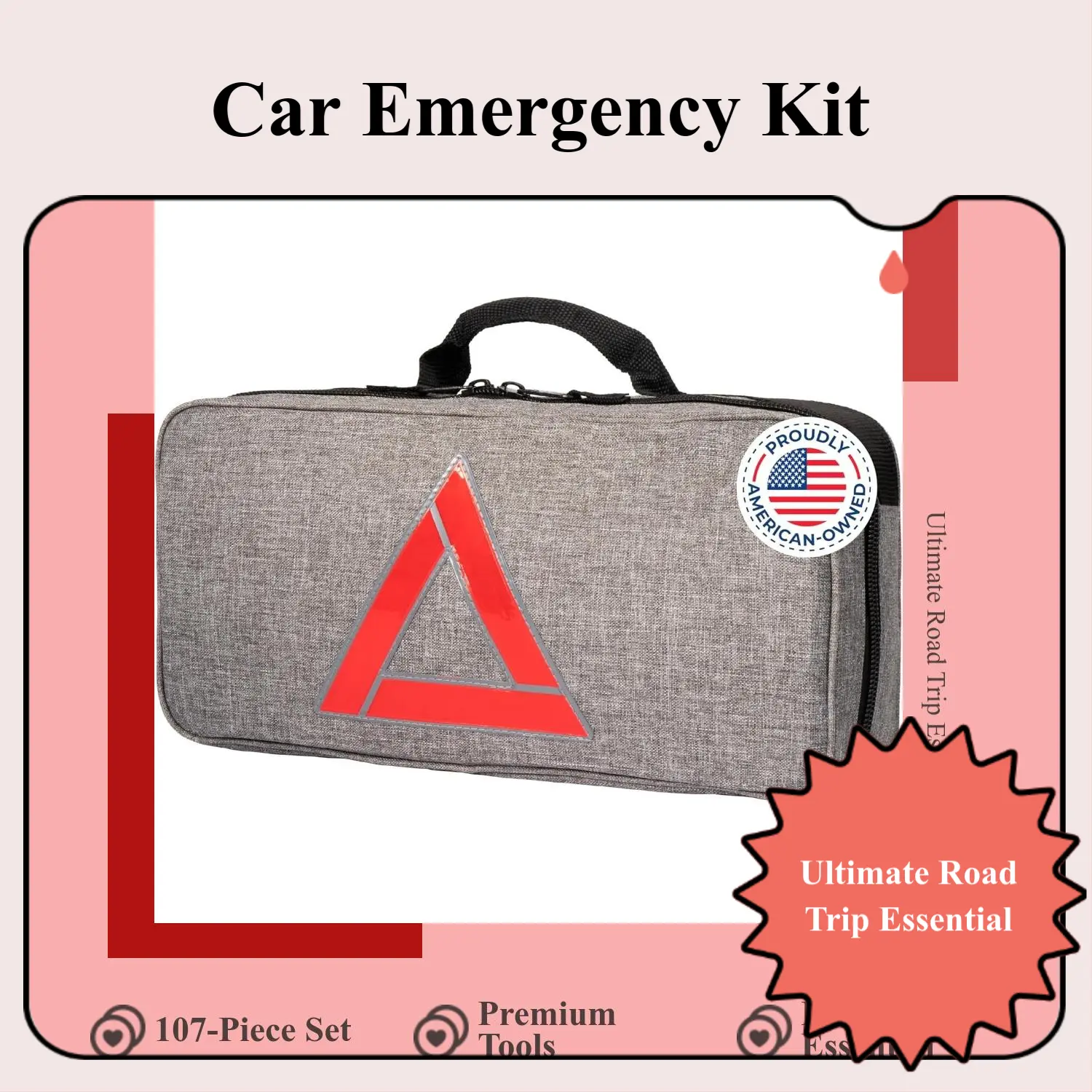 Thrive Emergency Car Kits for Vehicles - Roadside Emergency Car Kit (104 Pieces) - Car Kits for Emergency - Roadside Car Kit with Jumper Cables and Mini First Aid Kit - Gray Bag