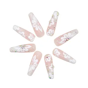 Rhinestone Pearl Gold Fake Nails – Long Square UV Gel Press On, White