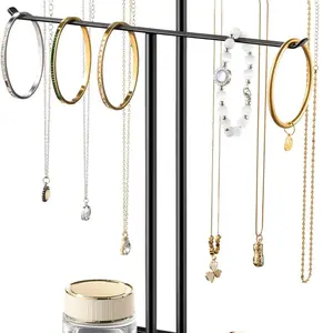 Necklace Holder Jewelry Organizer Stand 2‑Tier T‑Bar Jewelry Display Tree with Tray Countertop Necklace Bracelet Earring Storage
