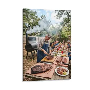 1pc Frameless Canvas Art, Printed Backyard BBQ Party Scene, Rustic Warm Family Gathering Wall Decor, Suitable for Kitchen, Dining, Patio, Home Decoration