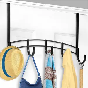 Professional  Over Door Hooks Rack - 5 Hook Over Door Hanger - Over Door Towel Rack - Hanging Towels or Clothes - for Bathroom, Bedroom or Laundry Room  Lifetime Ltd. Warranty - Black