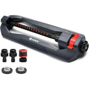 96213 Essential Turbo Oscillating Water Sprinkler, Covers Up to 3,600 sq. ft., 16 Nozzles, Weighted Base, Adjustable Range, Quick Connect Bundle, Dark Grey, Red, Silver