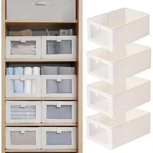 Linen Closet Organizers And Storage, 4 Pack Closet Storage Bins Linen Closet Baskets for Closet Organization Foldable Closet Organizer Bins with Clear Window For Organizing Clothing, Jeans, Shelves
