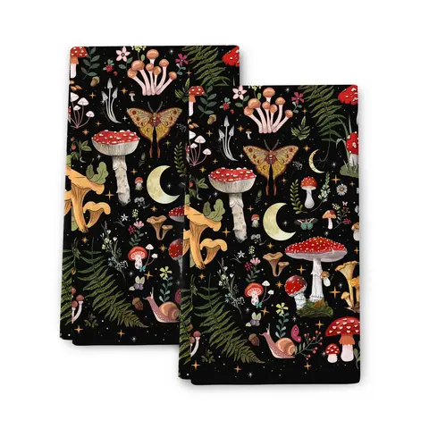 Mushroom Print Kitchen Dish Towel Set, 2 Counts Ultra Soft Absorbent Towel for Baking Cooking, Kitchen Hand Towels, Kitchen Accessories