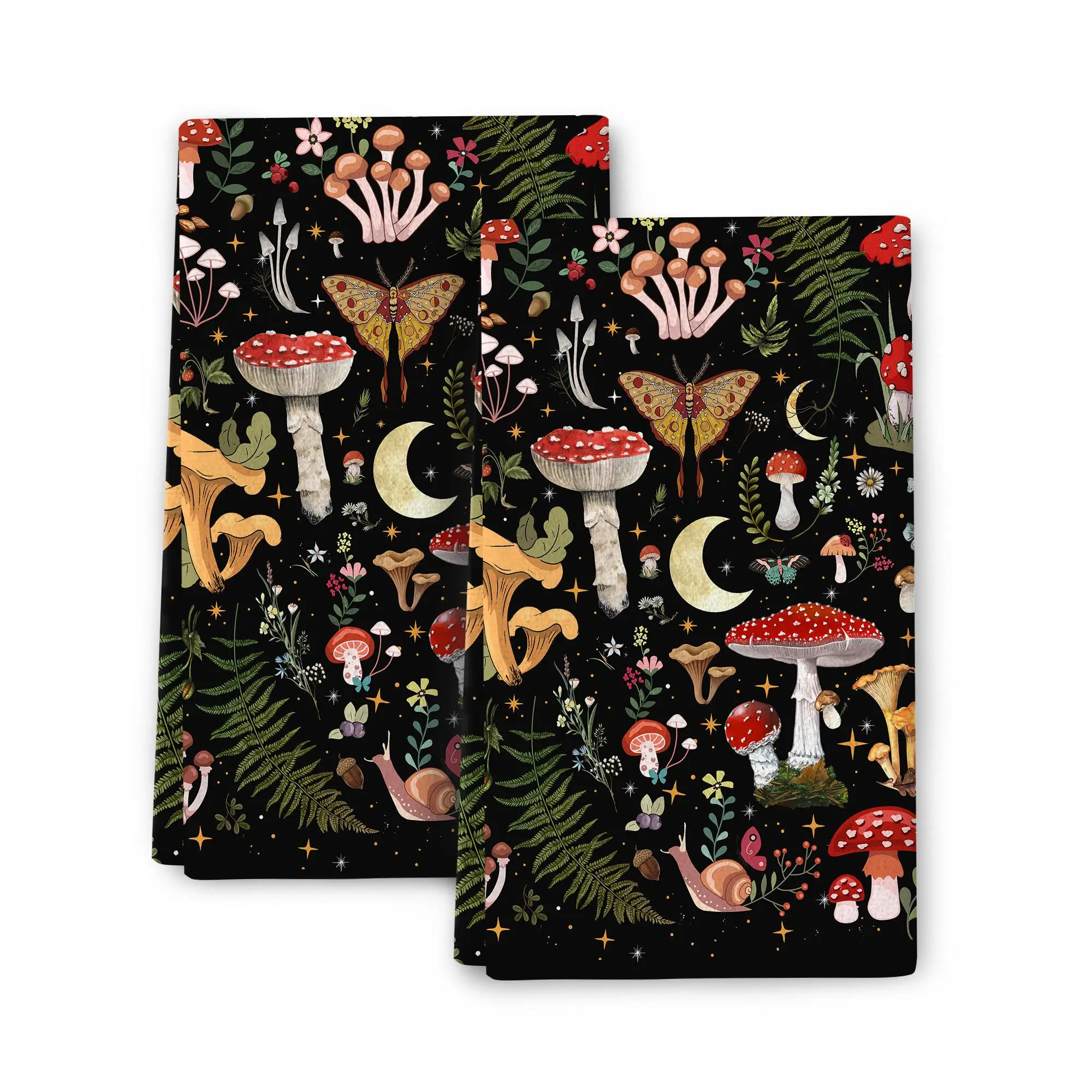 Mushroom Print Kitchen Dish Towel Set, 2 Counts Ultra Soft Absorbent Towel for Baking Cooking, Kitchen Hand Towels, Kitchen Accessories