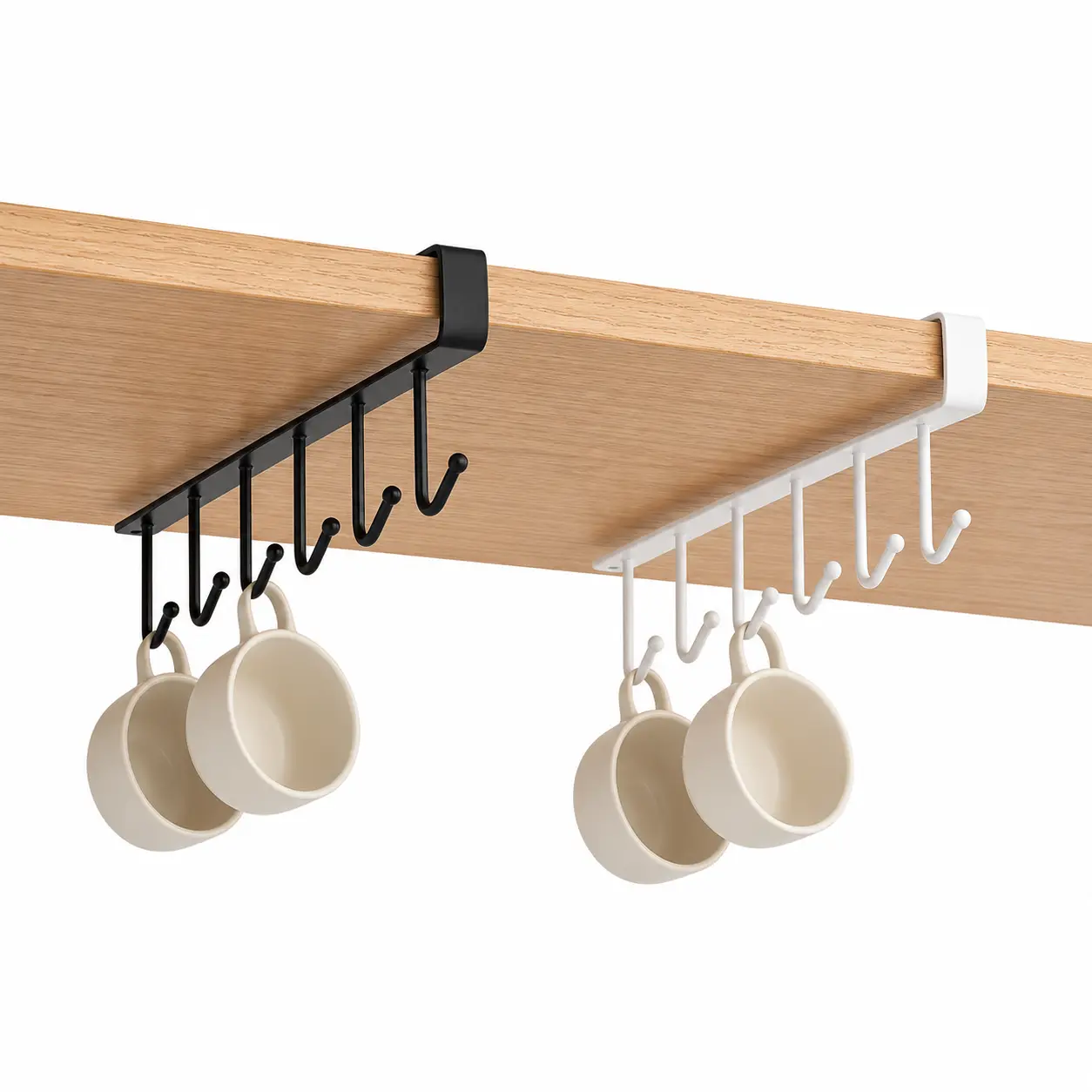 6-Hook Under Cabinet Mug Holder Rack - No-Drill Space-Saving Slide-On Organizer for Coffee Mugs, Kitchen Utensils, Black/White Home Storage Multi-Purpose Hook