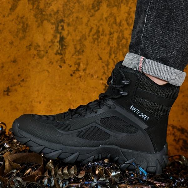 NIEION Men's High Top Steel Toe Safety Boots with Magnetic Closure & Anti-Slip Sole Waterproof Slip-Resistant Black Work Shoes for Outdoor Labor