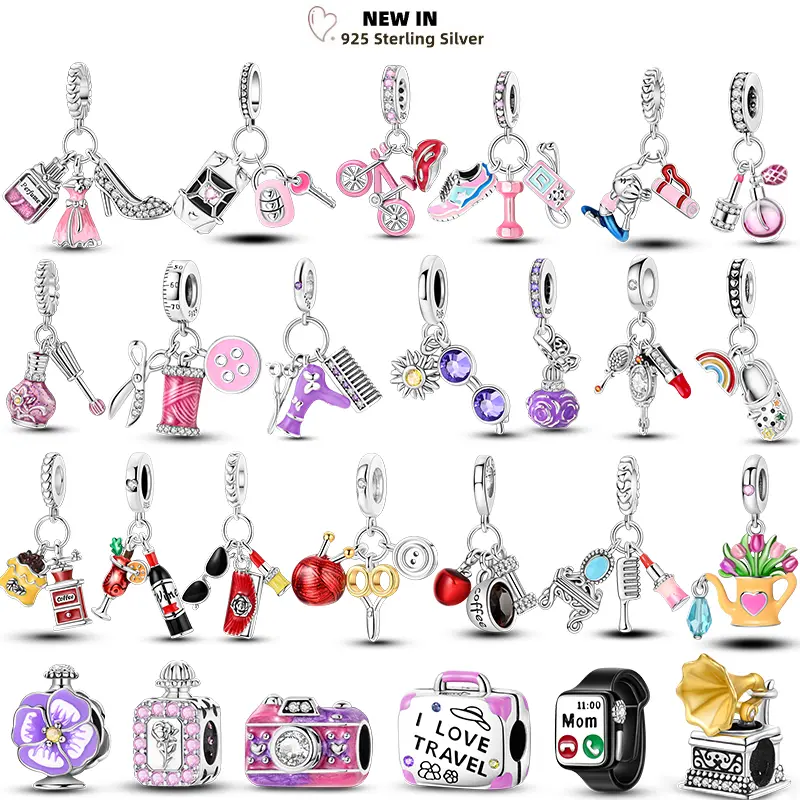 Daily Articles 925 Sterling Silver Barbie Pink Perfume Charms Dumbbell Smart Watch Beads Fit Original Bracelets DIY Jewelry Gift