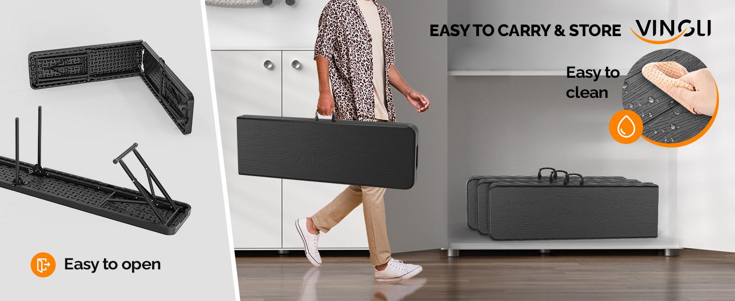 VINGLI 6 feet Plastic Folding Bench,Portable in/Outdoor Picnic Party Camping Dining Seat, Garden Soccer Multipurpose Entertaining Activities, Smooth HDPE Tabletop, 1/2 Pack, White/Black/Brown