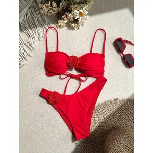 Red Bandeau Bikini 3D Rose Detail - Women's Two Piece SwimsuitStrap Bathing Suit Floral Print Padded Push Up Bikini Set For Beach Pool Vacation