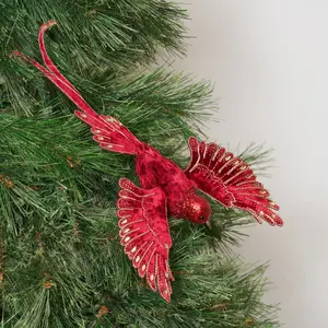 Red Velvet Holiday Hummingbird with Gold Metallic Glitter Detailing Christmas Ornament on Pick