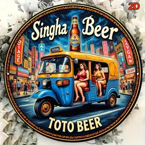 Round iron plate with Bangkok night view, vintage Thai bar decoration, nostalgic design, durable wall plate, 2D flat