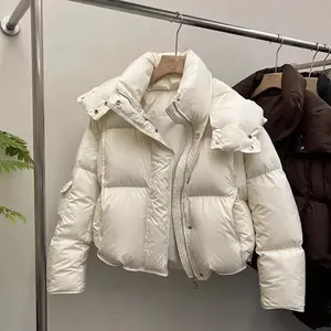 Long Sleeve Oversized Hooded Short Parkas Women Puffer Jacket Winter Warm Thick Polyester Beige Basic Loose Crop Coat Outwear Minimalist