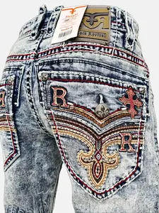 Men's Rock Revival Straight Leg Slim Jeans with Bold Embroidery in Fade Blue, Men's Biker Jeans, Y2K Jeans, Comfortable Jeans For Men